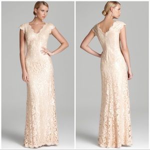 Tadashi Shoji tan sequin gown with lace detailing